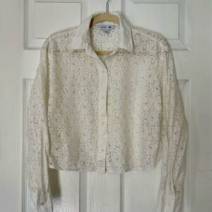 Old Navy Calla Lily Cream  Cropped Long Sleeve Lace Button Up Blouse Sheer